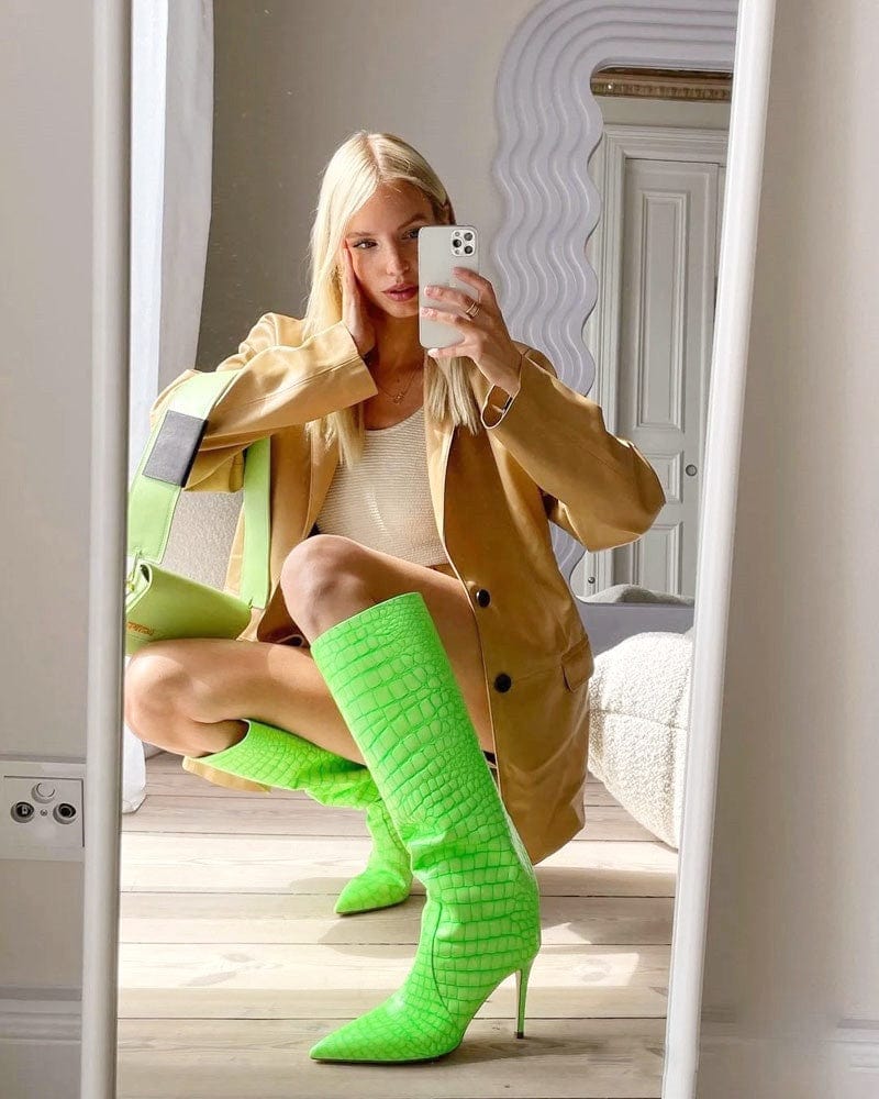 TX New arrival stiletto high-heel snake print catwalk ladies winter boots plus size fluorescent green knee high leather boots