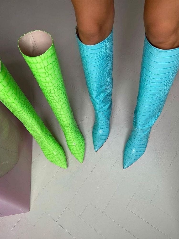 TX New arrival stiletto high-heel snake print catwalk ladies winter boots plus size fluorescent green knee high leather boots