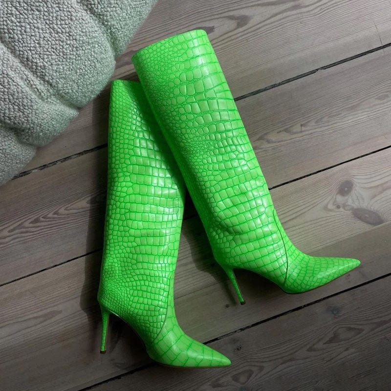 TX New arrival stiletto high-heel snake print catwalk ladies winter boots plus size fluorescent green knee high leather boots