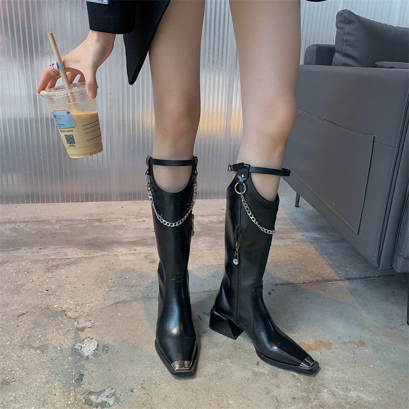 TX new autumn/winter chunky high heels and square toes motorcycle rider boots