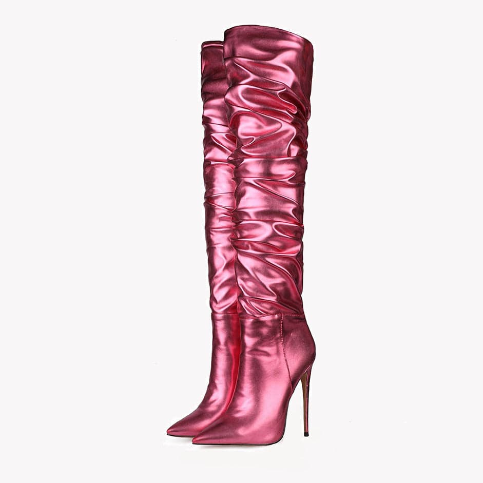 TX new design side zipper folding pointed toe red ladies stiletto shoes over the knee long boots thigh high for women
