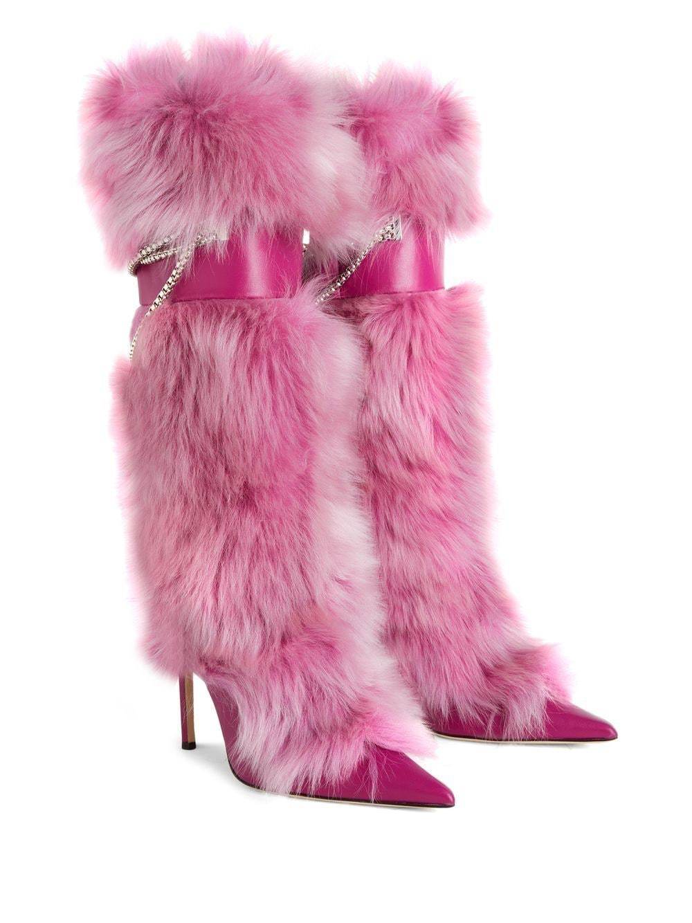 TX New winter full top layer cowhide fox fur high Pink high heeled boots