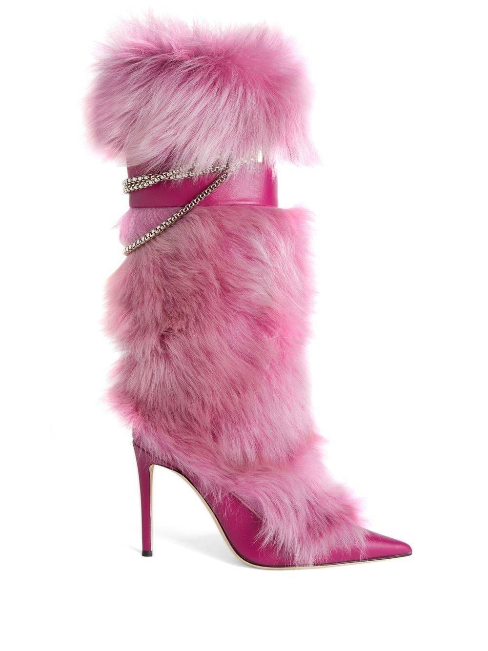 TX New winter full top layer cowhide fox fur high Pink high heeled boots