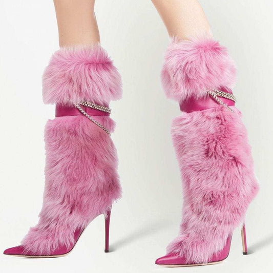TX New winter full top layer cowhide fox fur high Pink high heeled boots