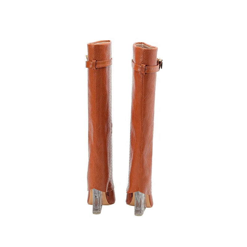 TX New winter style pointed toe high jelly heel large size shark lock boots knee length croc-effect pant boots for women