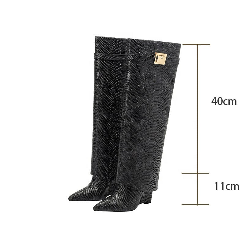 TX New winter style pointed toe high jelly heel large size shark lock boots knee length croc-effect pant boots for women