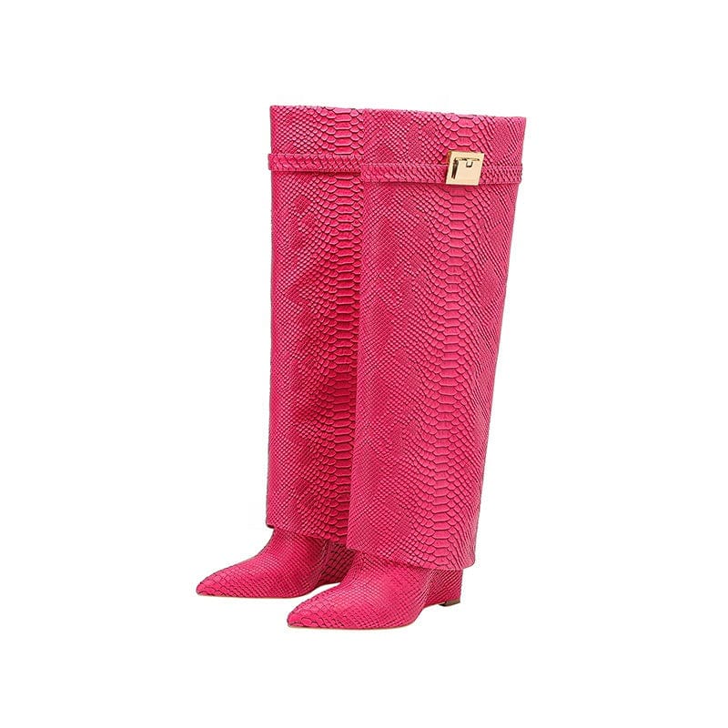 TX New winter style pointed toe high jelly heel large size shark lock boots knee length croc-effect pant boots for women