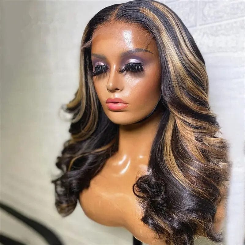 Unprocessed Vietnam Human Hair Brown Black Highlight Color Loose Wave Cuticle Aligned Lace Front Wigs