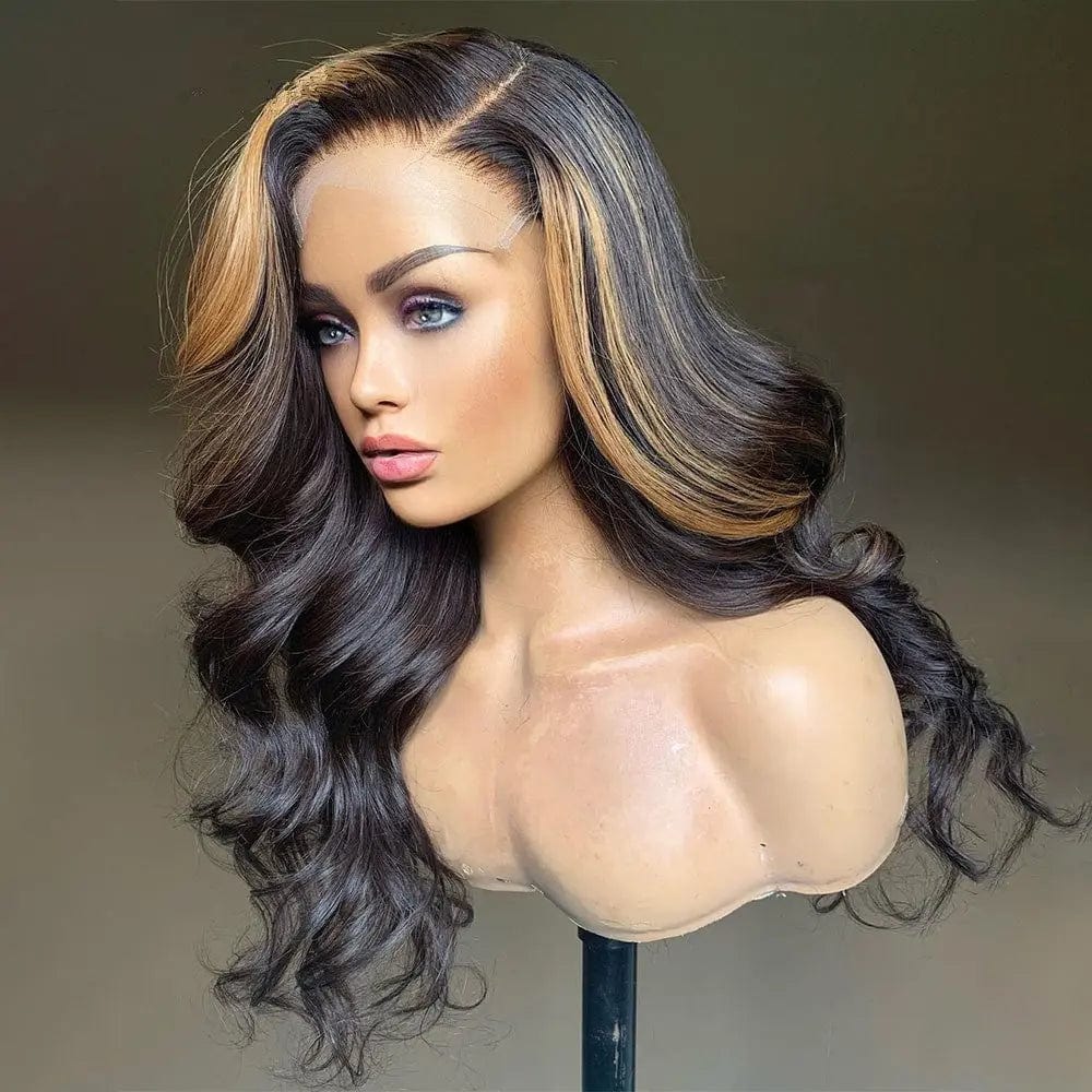 Unprocessed Vietnam Human Hair Brown Black Highlight Color Loose Wave Cuticle Aligned Lace Front Wigs