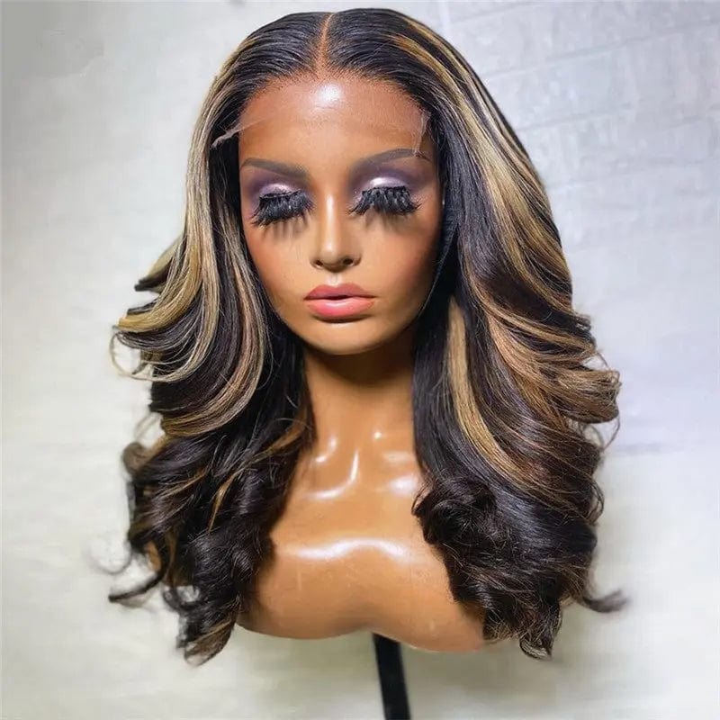 Unprocessed Vietnam Human Hair Brown Black Highlight Color Loose Wave Cuticle Aligned Lace Front Wigs