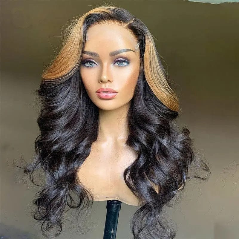 Unprocessed Vietnam Human Hair Brown Black Highlight Color Loose Wave Cuticle Aligned Lace Front Wigs