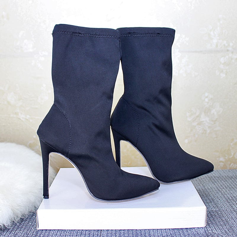 US9.5=EUR41 / Black DEleventh Shoes 266-2 Ladies High Heels Boots Sexy Women boots black pink Solid color Thin Heel stretch satin knee high Boots