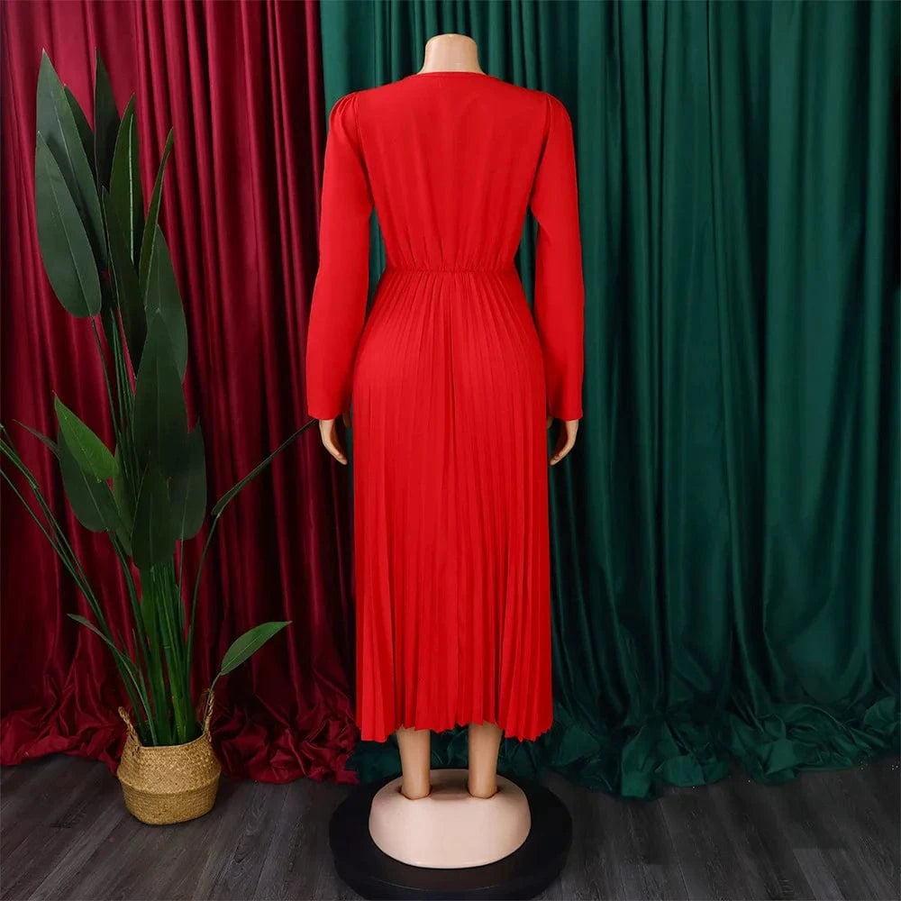 V Neck A Line Full Sleeves Pleated Waist Belt Lady Office Career Dress