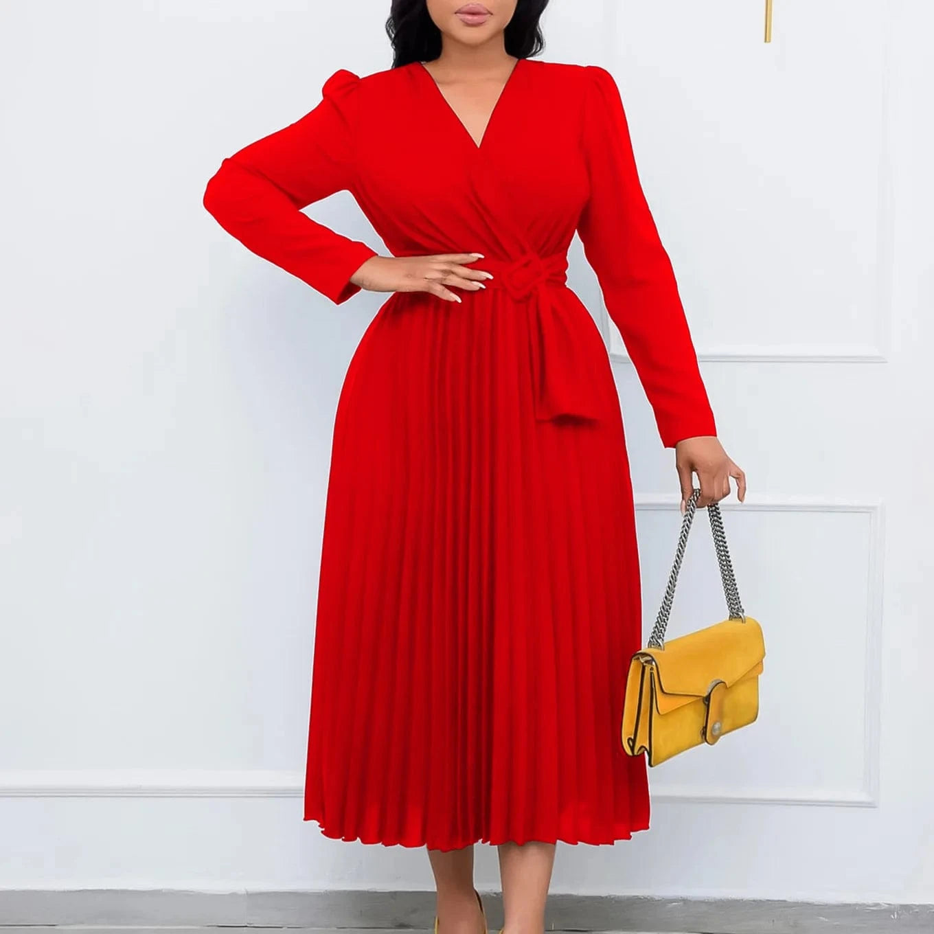 V Neck A Line Full Sleeves Pleated Waist Belt Lady Office Career Dress