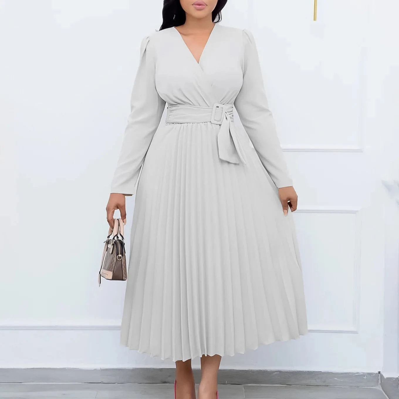 V Neck A Line Full Sleeves Pleated Waist Belt Lady Office Career Dress