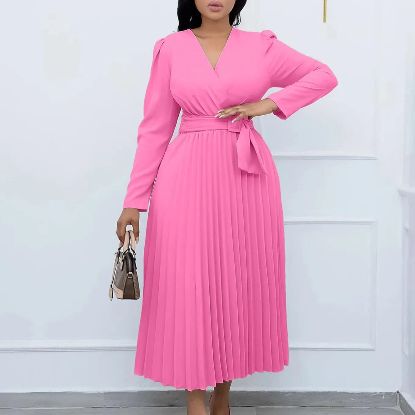 V Neck A Line Full Sleeves Pleated Waist Belt Lady Office Career Dress