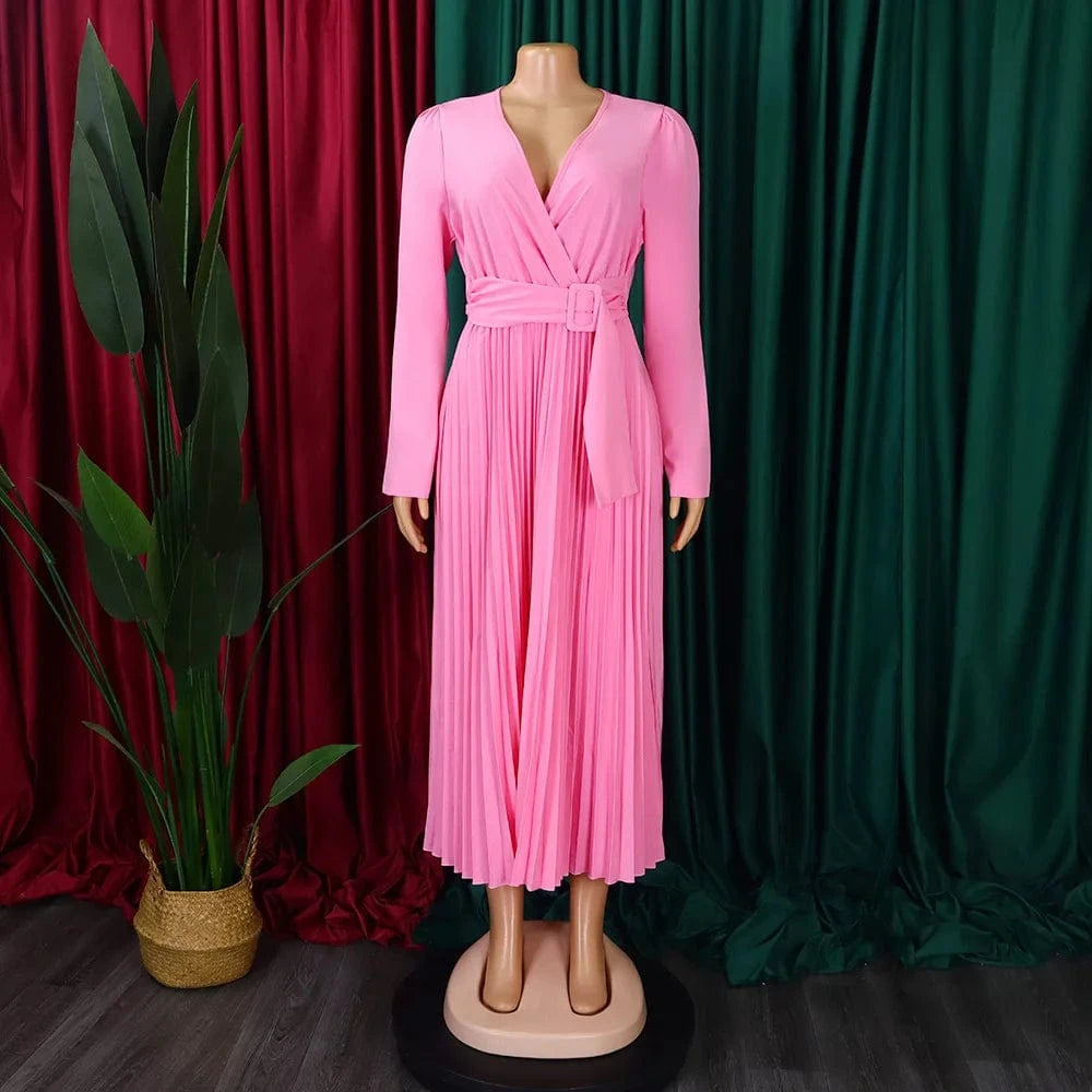 V Neck A Line Full Sleeves Pleated Waist Belt Lady Office Career Dress