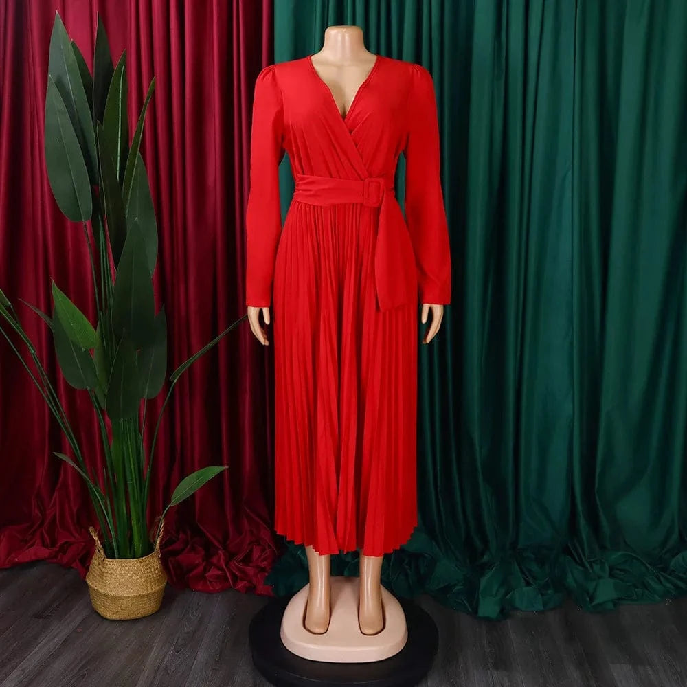 V Neck A Line Full Sleeves Pleated Waist Belt Lady Office Career Dress