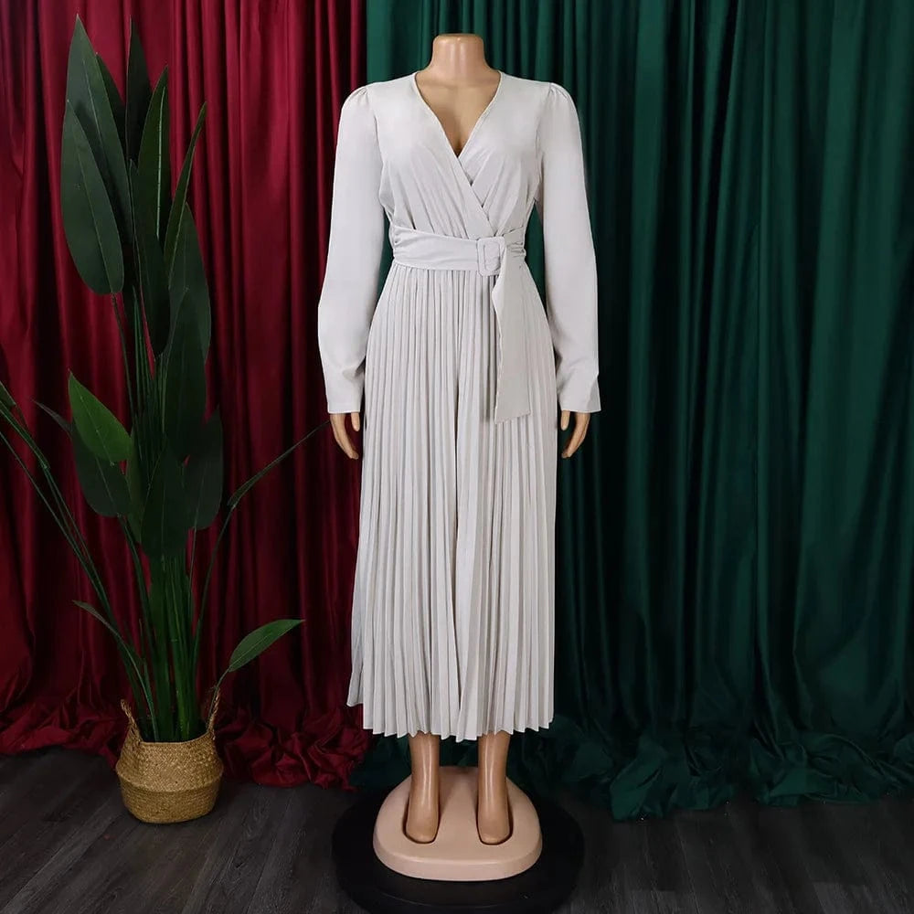 V Neck A Line Full Sleeves Pleated Waist Belt Lady Office Career Dress