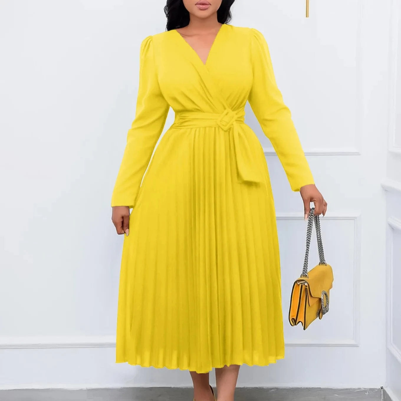 V Neck A Line Full Sleeves Pleated Waist Belt Lady Office Career Dress