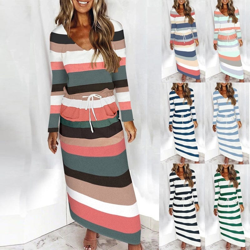 V-neck loose print striped long-sleeved dress