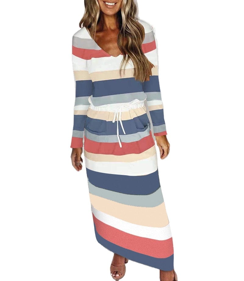 V-neck loose print striped long-sleeved dress