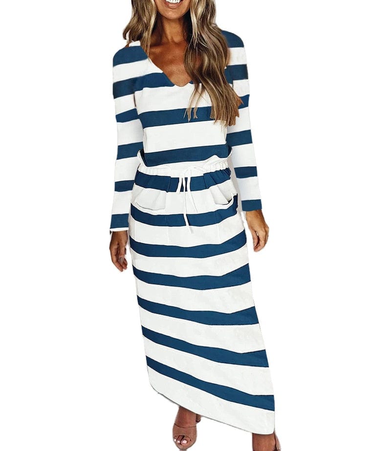 V-neck loose print striped long-sleeved dress