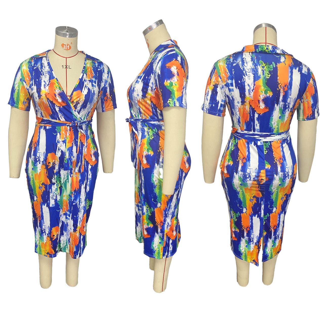 V Neck Short Sleeve Bodycon Midi Dress Tie Dyed Belt Oversized Dress Office Lady Casual Dresses Plus Size Women Clothing Summer