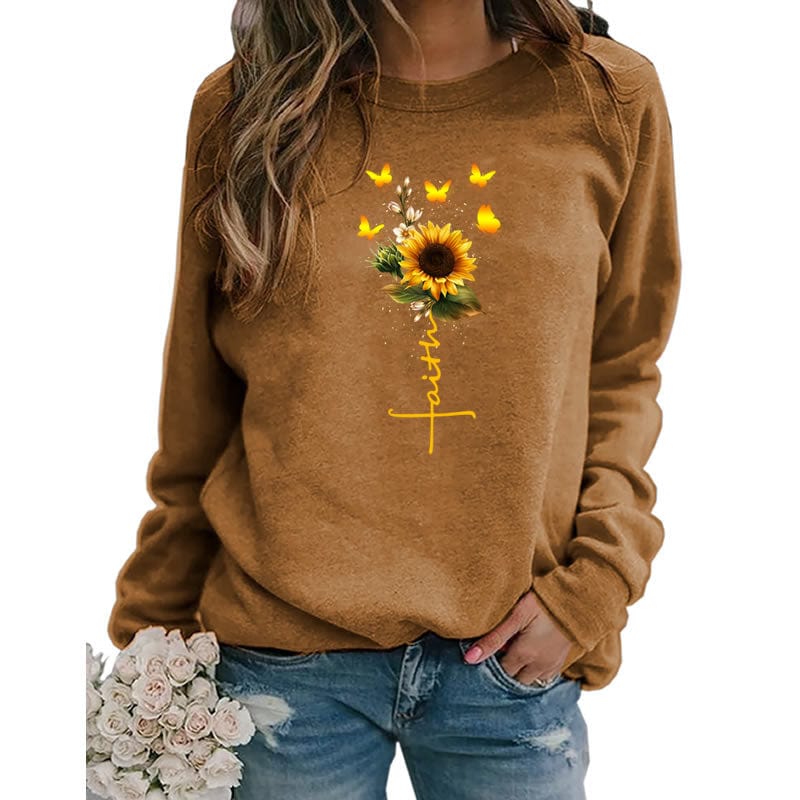 vintage anime plain pullover oversized hoodie Sunflower faith women hoodies custom logo puff print y2k crewneck sweatshirt