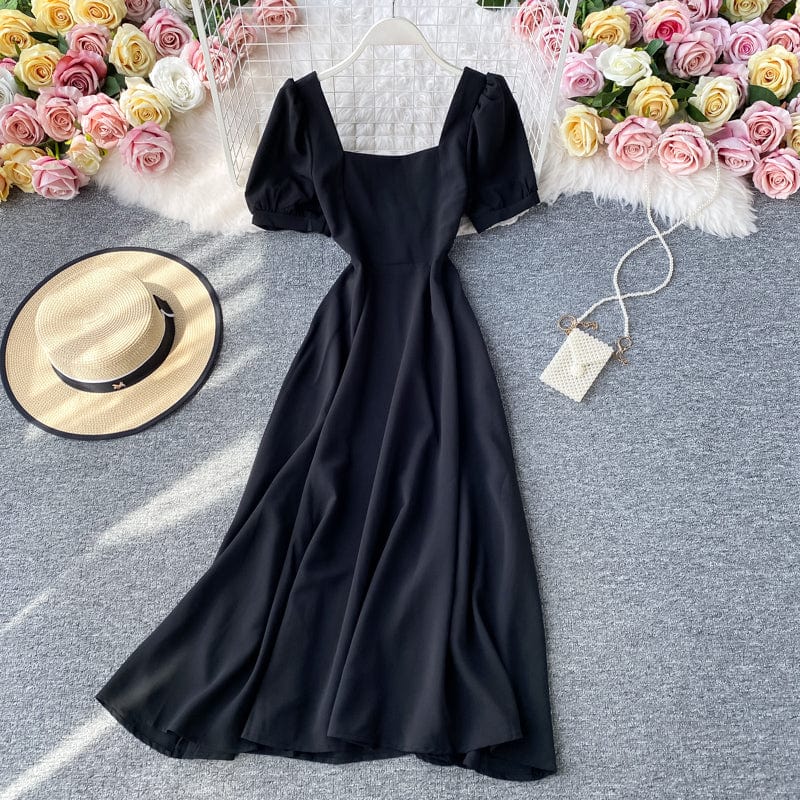 Vintage Audrey Hepburn Dress Women Ball Gown With Lining Midi Dress Square Collar Slim Waist Side Zipper Puff Sleeve D13414X