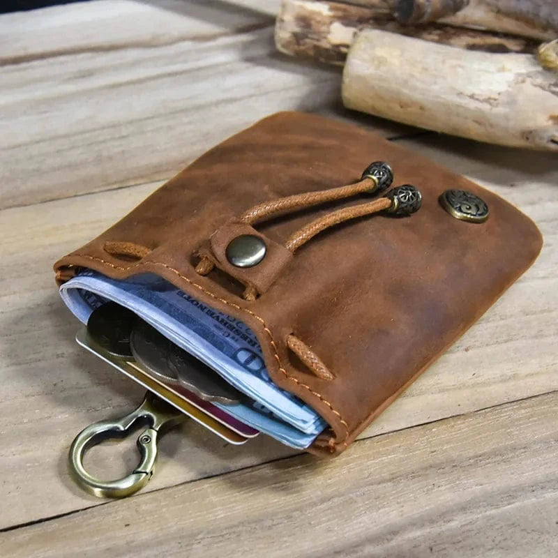 Vintage Drawstring Bag  Genuine Leather Coin Purse Pouch With Buckle For Men and Women