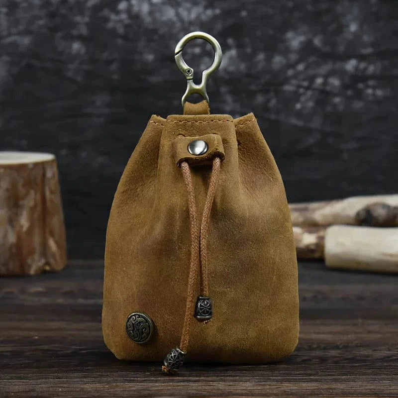 Vintage Drawstring Bag  Genuine Leather Coin Purse Pouch With Buckle For Men and Women