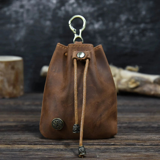 Vintage Drawstring Bag  Genuine Leather Coin Purse Pouch With Buckle For Men and Women