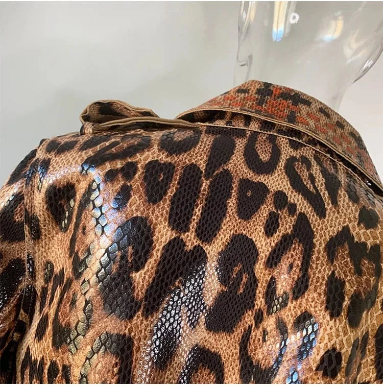 VIntage Fall High Quality Ladies Belted Long Leopard Print Faux Leather Jacket Trench Coat Women