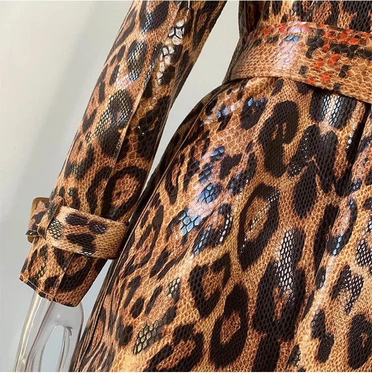 VIntage Fall High Quality Ladies Belted Long Leopard Print Faux Leather Jacket Trench Coat Women