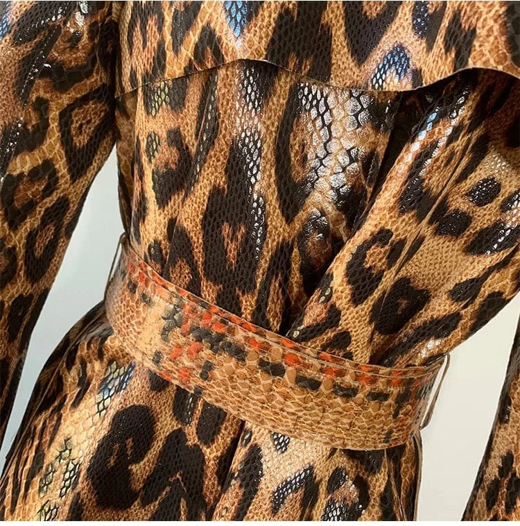 VIntage Fall High Quality Ladies Belted Long Leopard Print Faux Leather Jacket Trench Coat Women