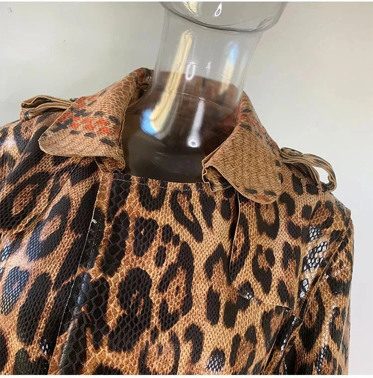 VIntage Fall High Quality Ladies Belted Long Leopard Print Faux Leather Jacket Trench Coat Women