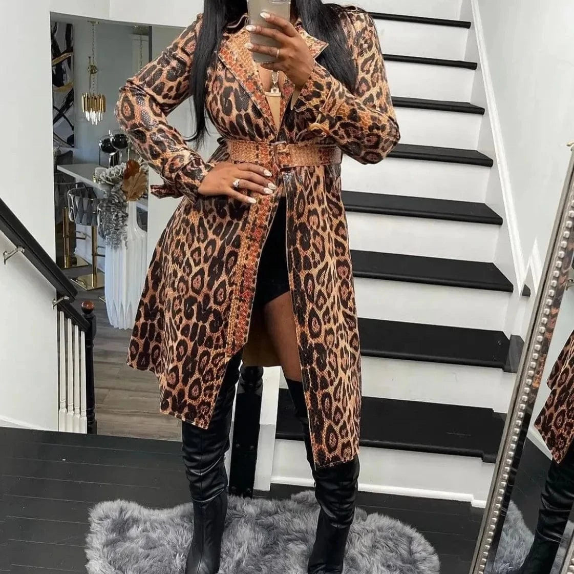 VIntage Fall High Quality Ladies Belted Long Leopard Print Faux Leather Jacket Trench Coat Women