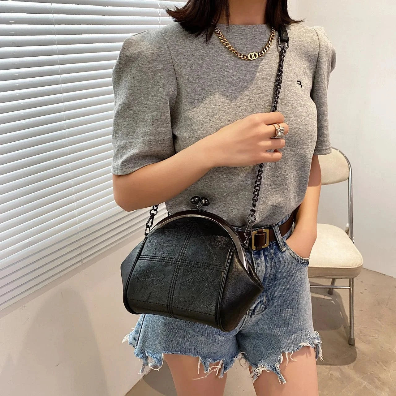 Vintage Fashion Crossbody Bags For Women Thread Large Capacity PU Leather Shell Purses And Handbags 2024 Luxury Designer Bag