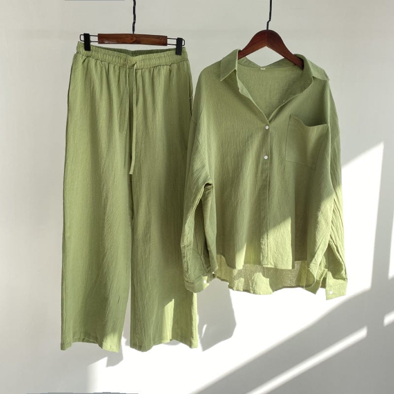 Vintage Solid Women Two Piece Set Cotton Linen Turn-down Collar Shirt Elastic Drawstring Pants High Waist Loose Plus Size S26001