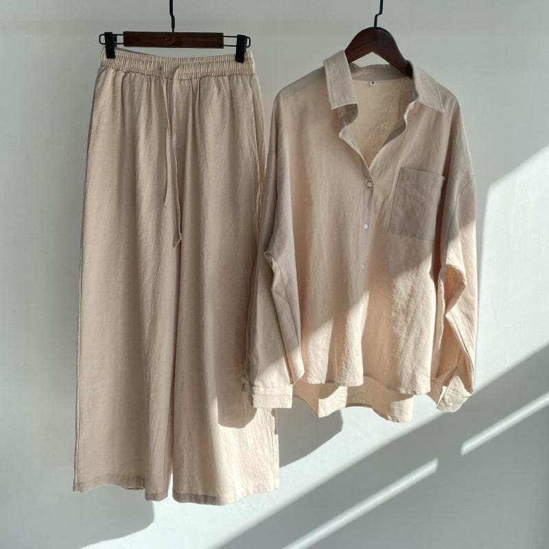 Vintage Solid Women Two Piece Set Cotton Linen Turn-down Collar Shirt Elastic Drawstring Pants High Waist Loose Plus Size S26001
