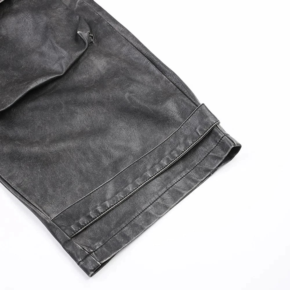 Vintage Streetwear Motorcycle Casual Baggy Pocket Cargo Trousers Loose PU Faux Leather Pants Women