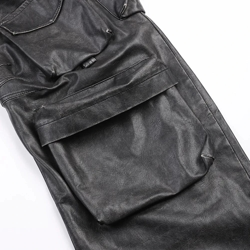 Vintage Streetwear Motorcycle Casual Baggy Pocket Cargo Trousers Loose PU Faux Leather Pants Women