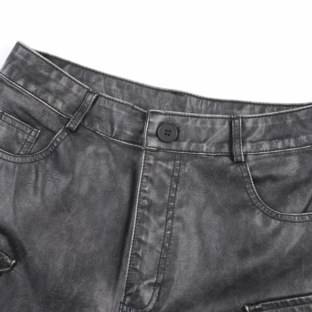 Vintage Streetwear Motorcycle Casual Baggy Pocket Cargo Trousers Loose PU Faux Leather Pants Women