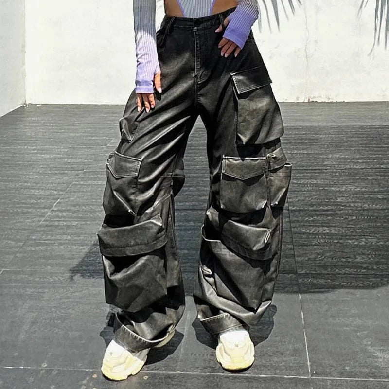Vintage Streetwear Motorcycle Casual Baggy Pocket Cargo Trousers Loose PU Faux Leather Pants Women