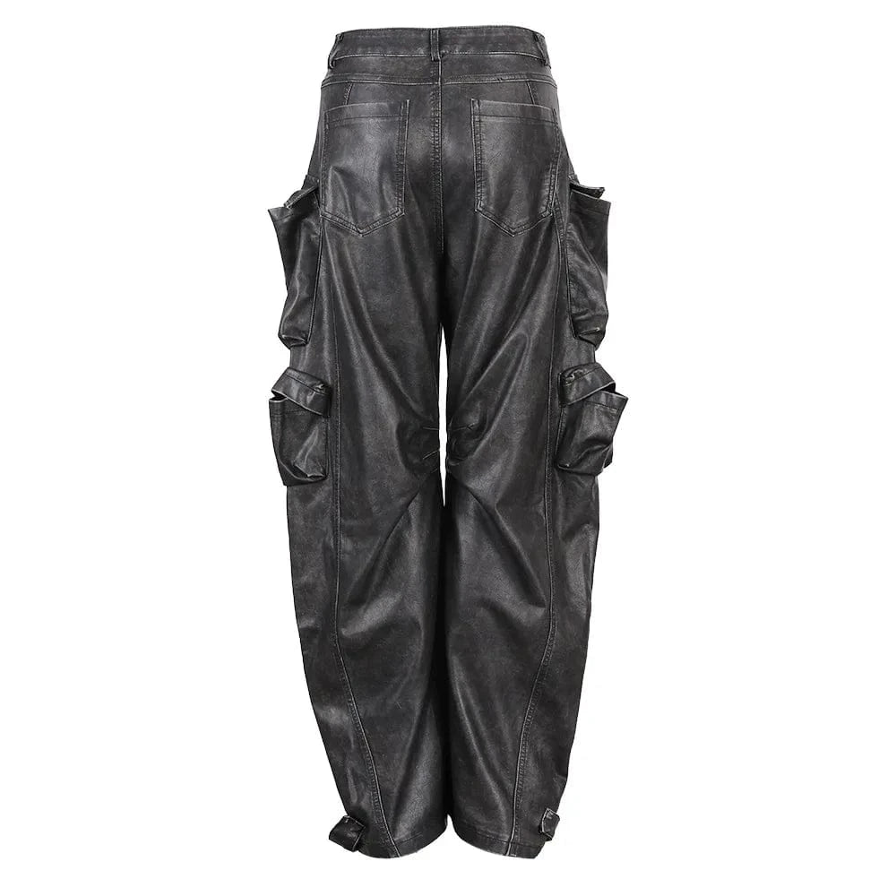 Vintage Streetwear Motorcycle Casual Baggy Pocket Cargo Trousers Loose PU Faux Leather Pants Women