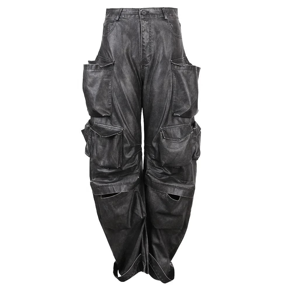 Vintage Streetwear Motorcycle Casual Baggy Pocket Cargo Trousers Loose PU Faux Leather Pants Women