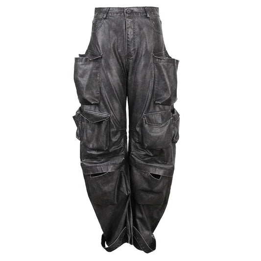 Vintage Streetwear Motorcycle Casual Baggy Pocket Cargo Trousers Loose PU Faux Leather Pants Women