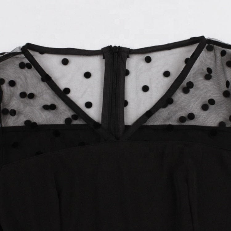 Vintage V-neck See-through Long Sleeve Dress Dot Net Yarn Horn Sleeve Knee-length A-line Dresses For Women With Zippers
