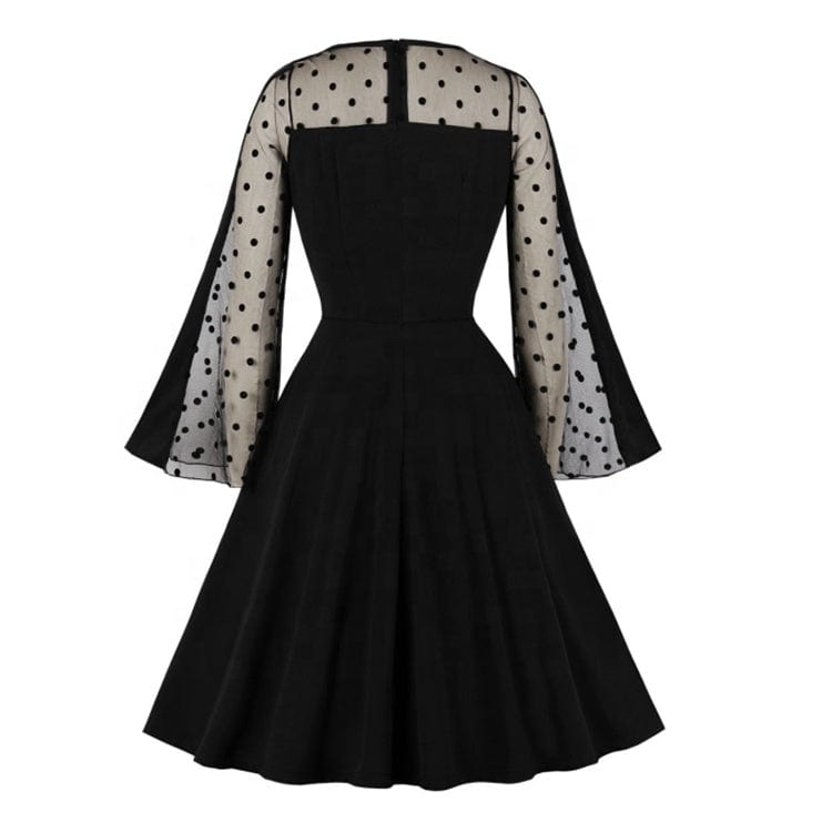 Vintage V-neck See-through Long Sleeve Dress Dot Net Yarn Horn Sleeve Knee-length A-line Dresses For Women With Zippers